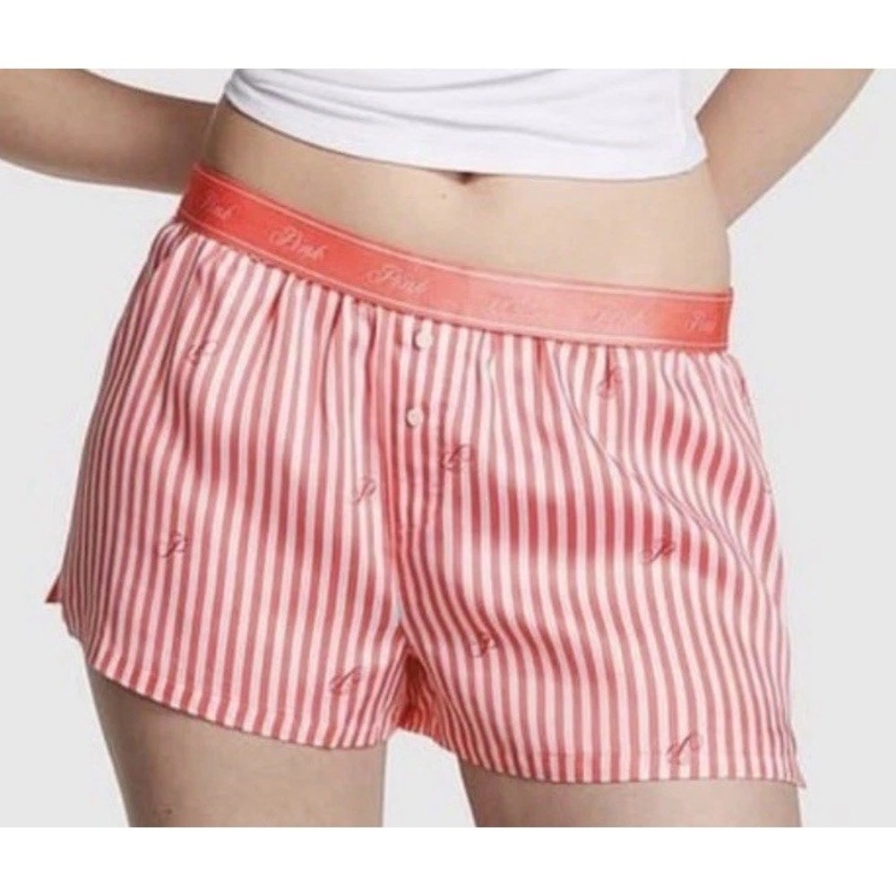 Victoria's Secret PINK Pajama Boxer Shorts M Coral Stripe Logo TENCEL Lounge
